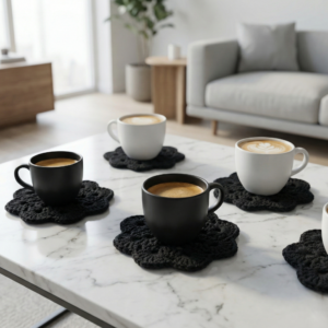 Zestaw 6 Szydełkowych Podkładek pod Kubki -Styl Boho - czarne