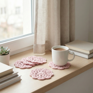 Zestaw 6 Szydełkowych Podkładek pod Kubki - 100% Bawełna - różowe